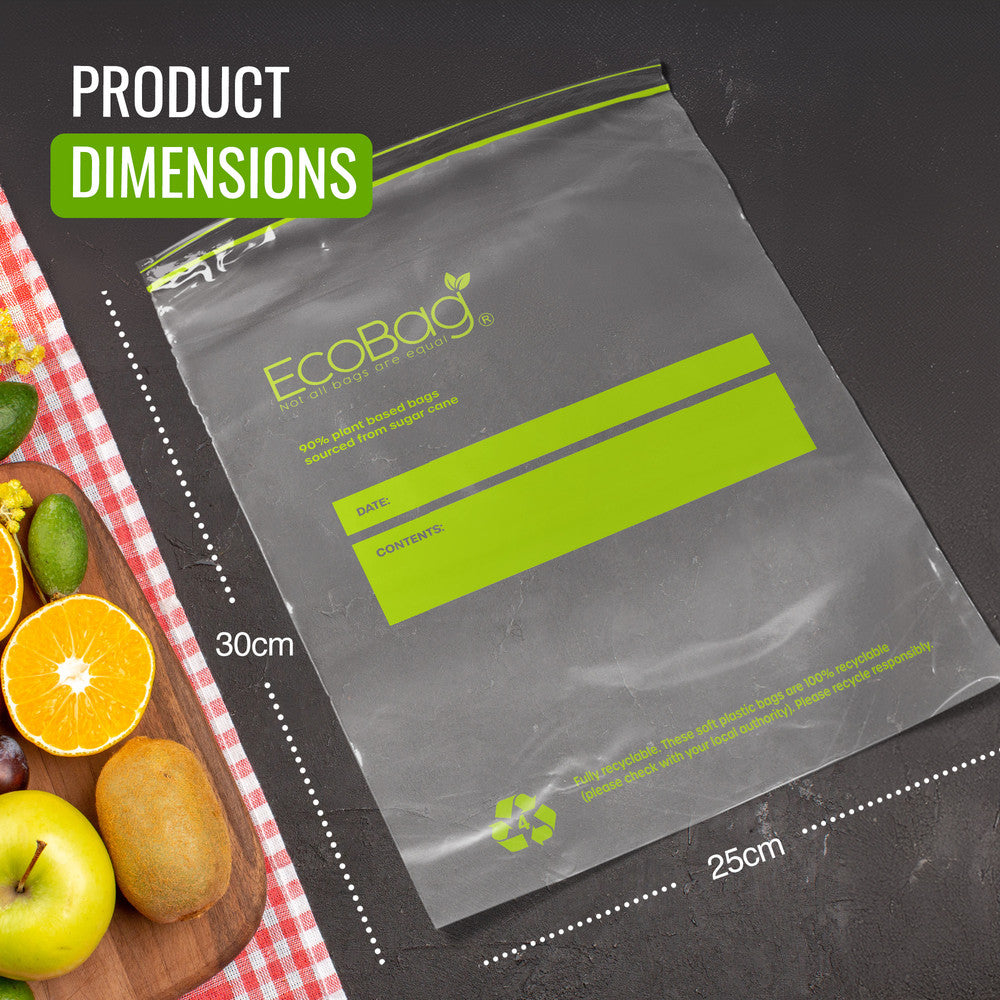 Ecobag- 20 Pack Reusable Freezer/Sandwich Bags - 4.5 Litre Size, 35 Microns - Eco-Friendly Sugarcane Plastic - Recyclable & Reusable- 250x300mm