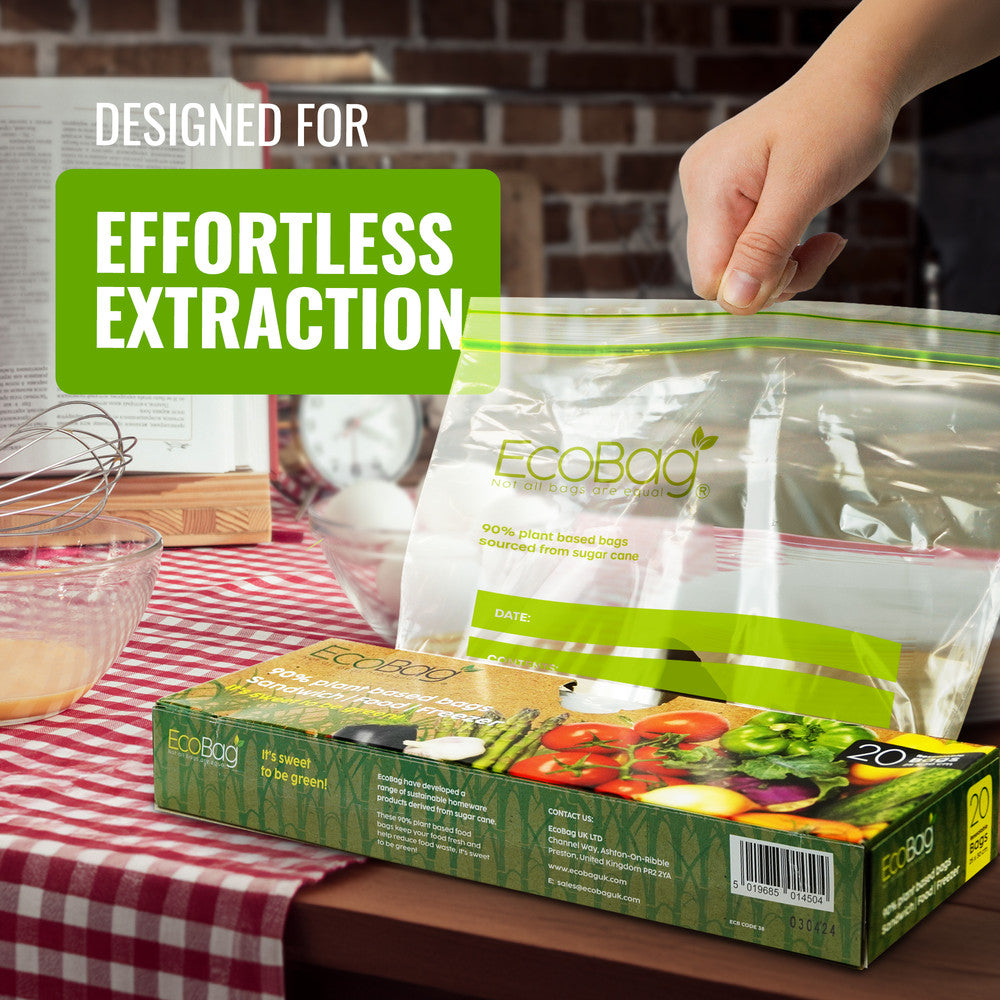 Ecobag- 20 Pack Reusable Freezer/Sandwich Bags - 4.5 Litre Size, 35 Microns - Eco-Friendly Sugarcane Plastic - Recyclable & Reusable- 250x300mm